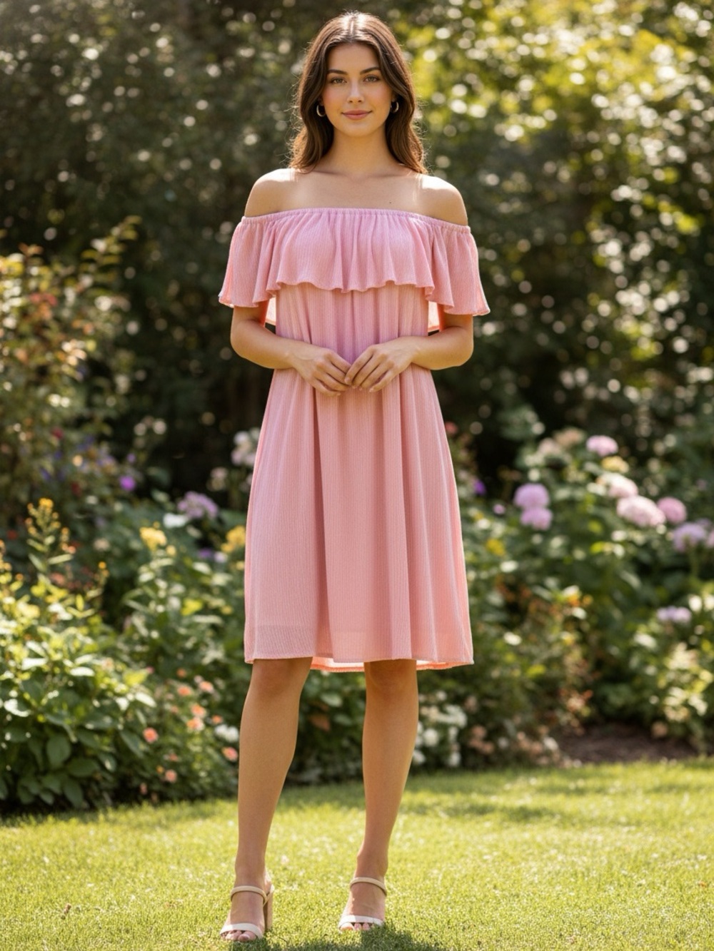 52Seven Soft Pink Off-Shoulder Ruffle Romantic Midi Dress Size Large